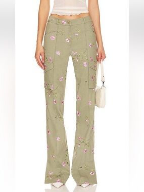 LoveShackFancy Atworth Embroidered Cargo Pants in Olive Green Size 2